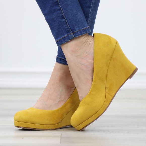 Mustard Faux Suede Close Round Toe Wedge High Heel - Picture 8 of 11